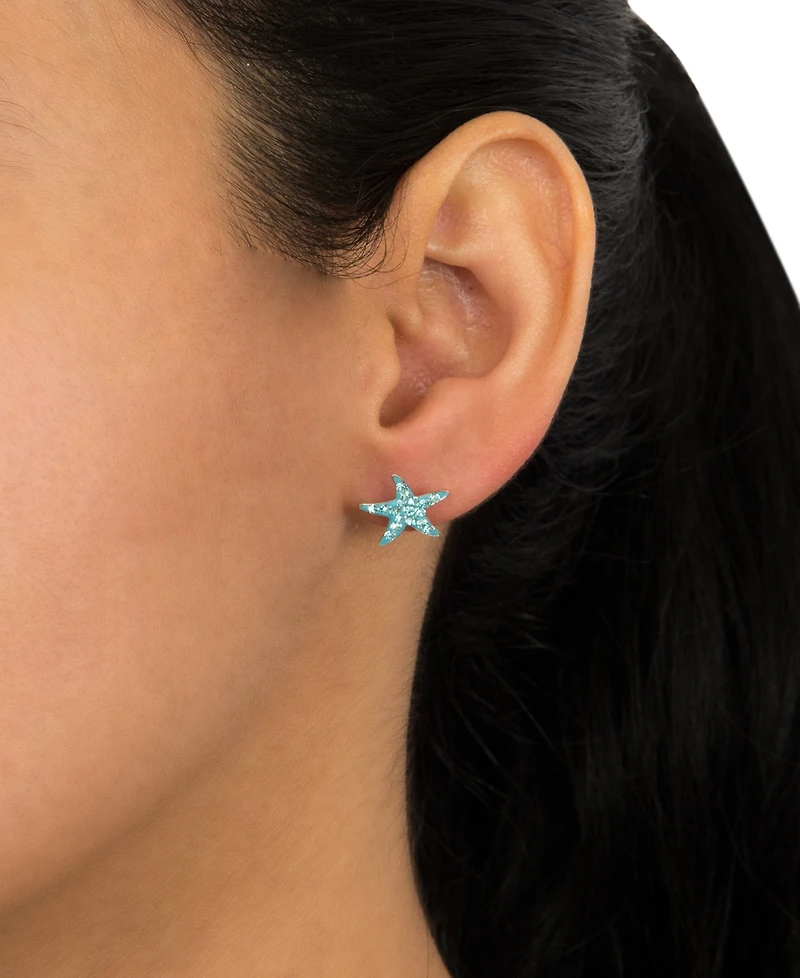 Light Aqua Crystal Pave Starfish Stud Earrings in Sterling Silver