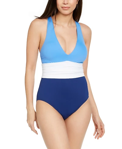 Lauren Ralph Lauren Colorblocked Halter Tummy-Control One-Piece Swimsuit
