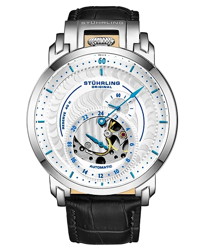 Stuhrling Men's Black Leather Strap Watch 44mm