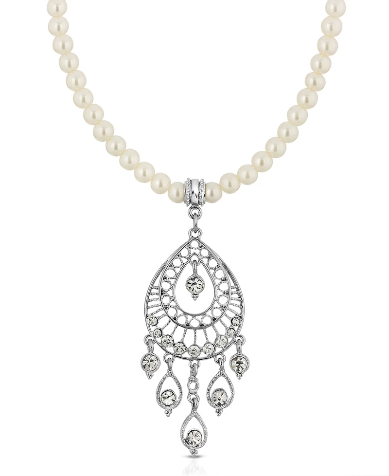 2028 Silver-Tone Crystal Filigree Drop On Imitation Pearl Necklace
