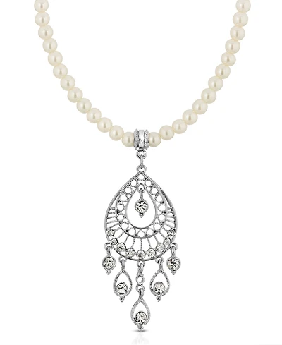 2028 Silver-Tone Crystal Filigree Drop On Imitation Pearl Necklace