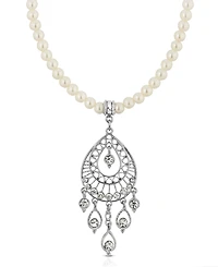 2028 Silver-Tone Crystal Filigree Drop On Imitation Pearl Necklace