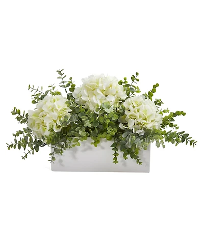 Nearly Natural 15in. Hydrangea and Eucalyptus Artificial Arrangement in White Vase