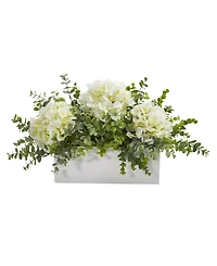 Nearly Natural 15in. Hydrangea and Eucalyptus Artificial Arrangement in White Vase