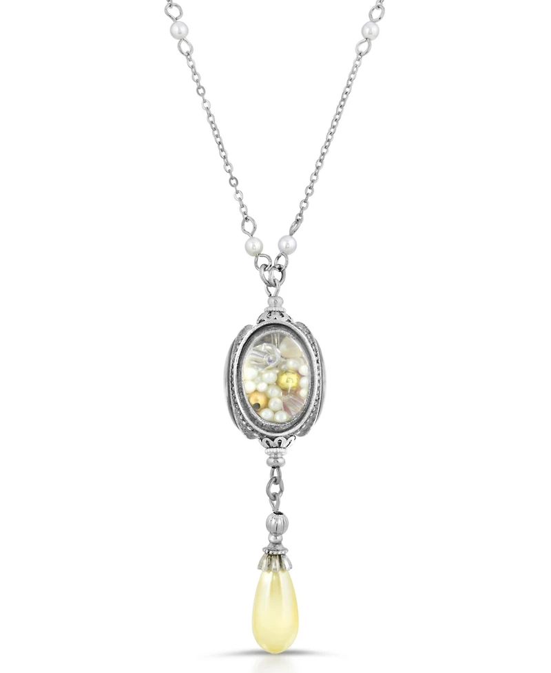 2028 Antique-like Pewter Imitation Pearl Drop Spinner Necklace