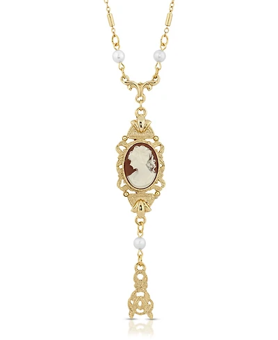 2028 Carnelian Oval Cameo with Faux Imitation Pearls Necklace