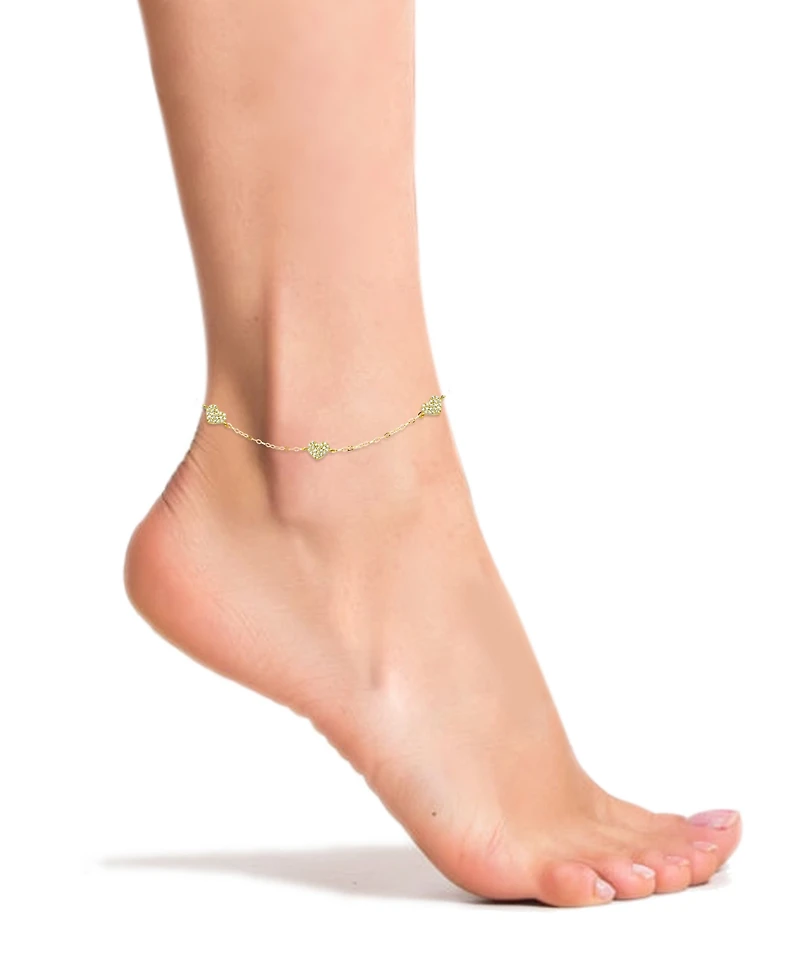 Cubic Zirconia Pave 3 Heart Station Ankle Bracelet in Sterling Silver or 18K Gold-Plated Sterling Silver