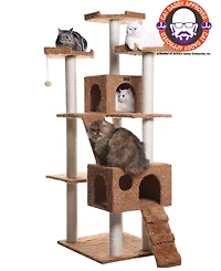 Armarkat 74" Multi-Level Real Wood Cat Tree with ScratchhIng Posts, Large Platform, and Sisal Scratching Posts in Ochre Brown