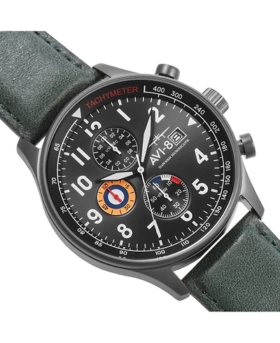 Avi-8 Men's Hawker Hurricane Chronograph Dark Green Genuine Leather Strap Watch 42mm