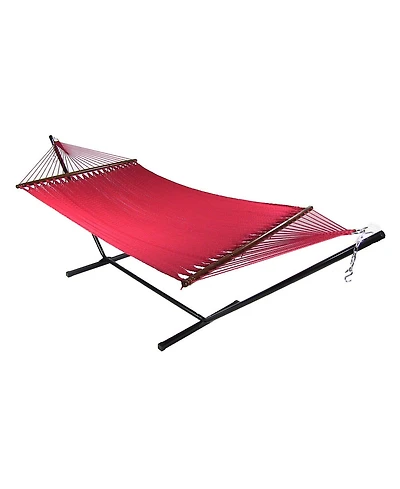 Sunnydaze Decor Outdoor 2-Person Double Polyester Rope Hammock with Wood Spreader Bar and 15ft Black Steel Stand
