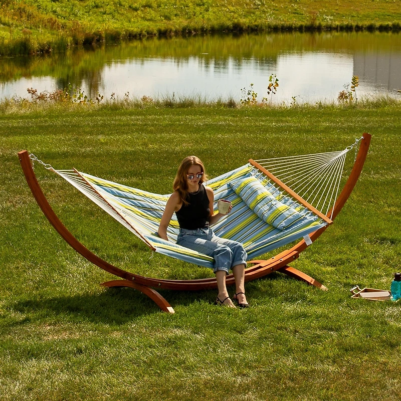 Quilted Double Fabric 2-Person Hammock with Curved Arc Wood Stand