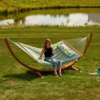 Quilted Double Fabric 2-Person Hammock with Curved Arc Wood Stand