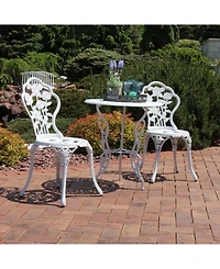 Flower Design Cast Aluminum Bistro Set with Cast Iron Legs, White, 3pc