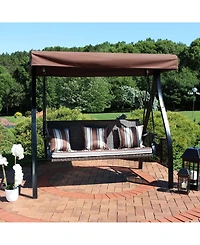 3-Seat Patio Swing with Steel Frame and Canopy - 600-Pound Weight Capacity - Brown Stripe Cushions