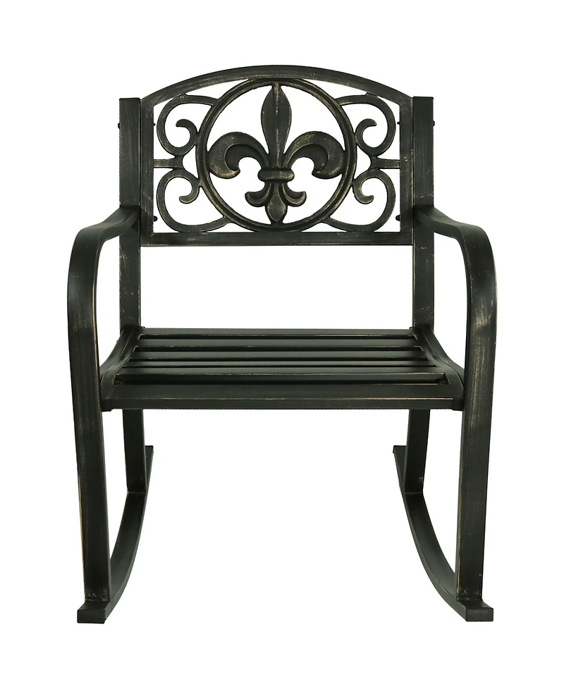 Traditional Fleur-de-Lis Design Cast Iron and Steel Outdoor Rocking Chair