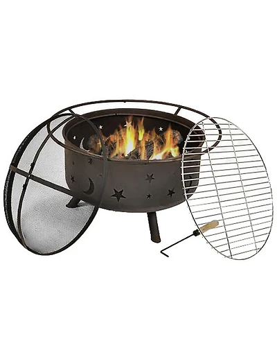 Outdoor Camping or Backyard Round Cosmic Stars and Moons Fire Pit with Cooking Grill Grate, Spark Screen, and Log Poker - 30"