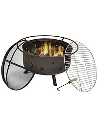 Outdoor Camping or Backyard Round Cosmic Stars and Moons Fire Pit with Cooking Grill Grate, Spark Screen, and Log Poker - 30"