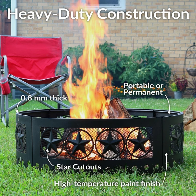 Outdoor Heavy-Duty Steel Portable Large Round Four Star Cut Out Fire Pit Ring - 36" - Black