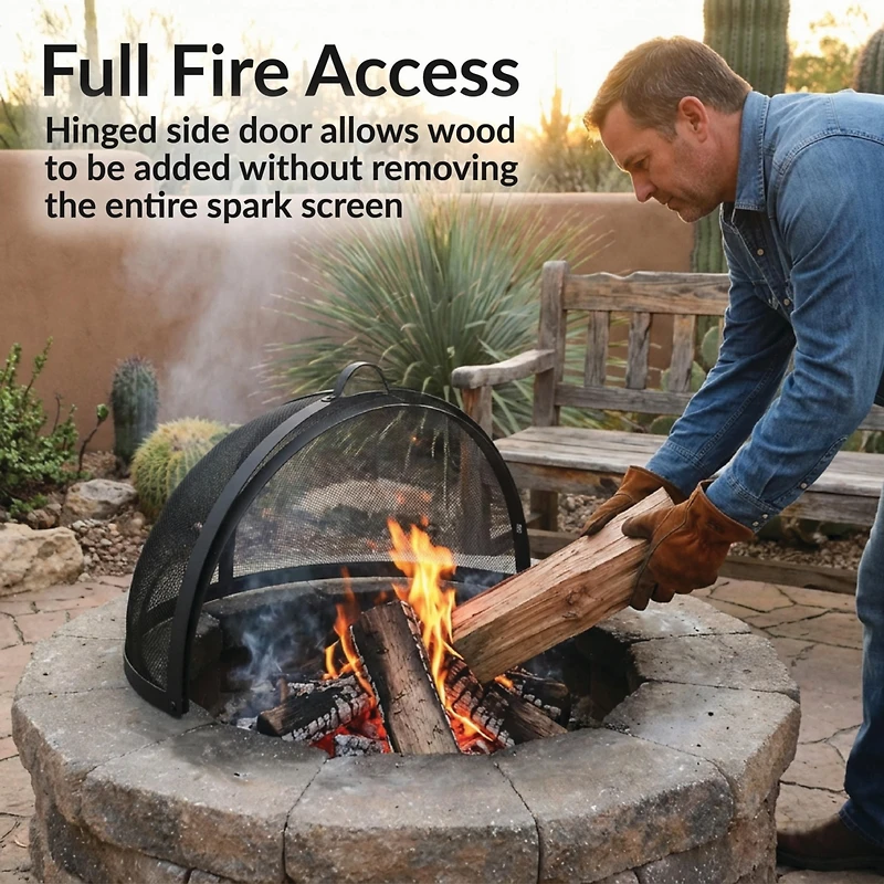Fire Pit Screen - Round Fire Pit Spark Screen - Heavy-Duty Steel Mesh Metal Cover with Handle - Fire Pit Screen Cover with Door
