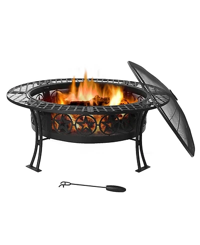 Outdoor Camping or Backyard Steel Round Four Star Fire Pit Table with Spark Screen - 40" - Black