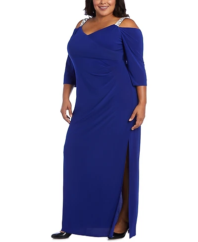 R & M Richards Plus Embellished Cold-Shoulder Gown