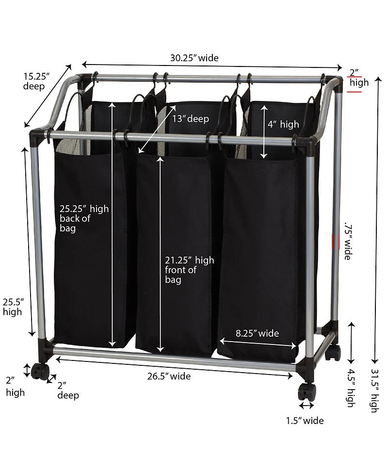 Household Essentials Triple Laundry Sorter with Wheels