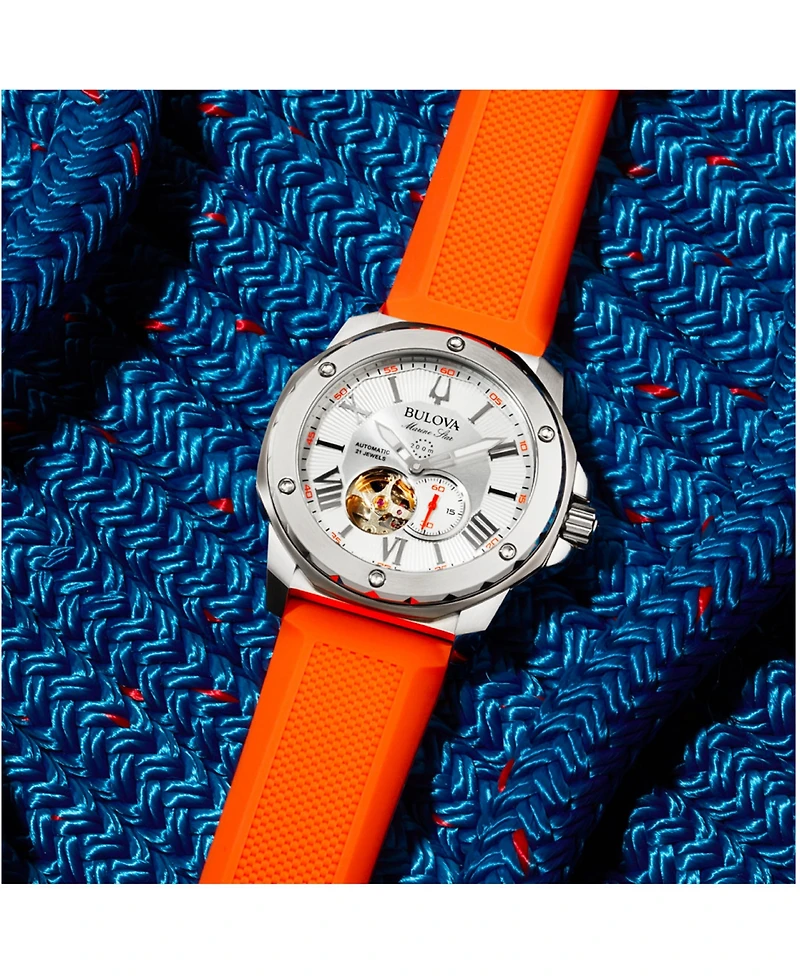 Bulova Men's Automatic Marine Star Orange Silicone Strap Watch 45mm