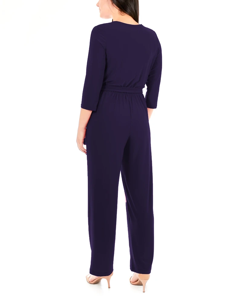 Ny Collection Petite 3/4 Sleeve Belted Wide Leg Jumpsuit