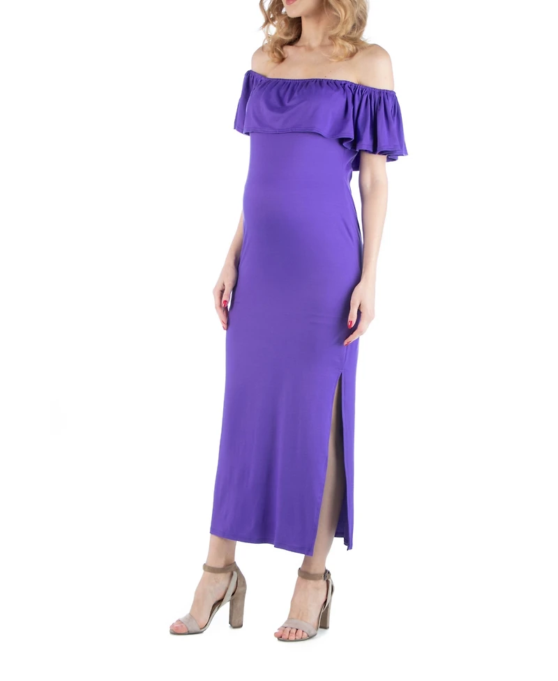 24seven Comfort Apparel Off Shoulder Ruffle Detail Maternity Maxi Dress