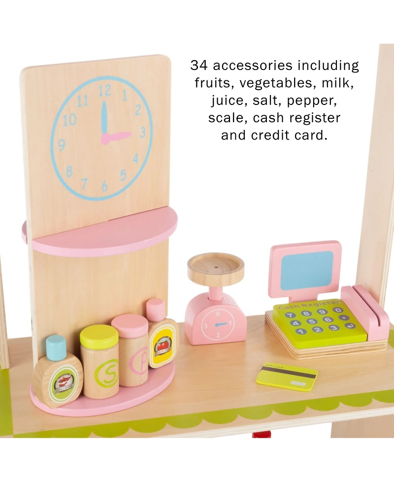 Hey Play Kids Fresh Market Selling Stand - Wooden Grocery Store Playset With Toy Cash Register, Scale, Pretend Credit Card And Food Accessories