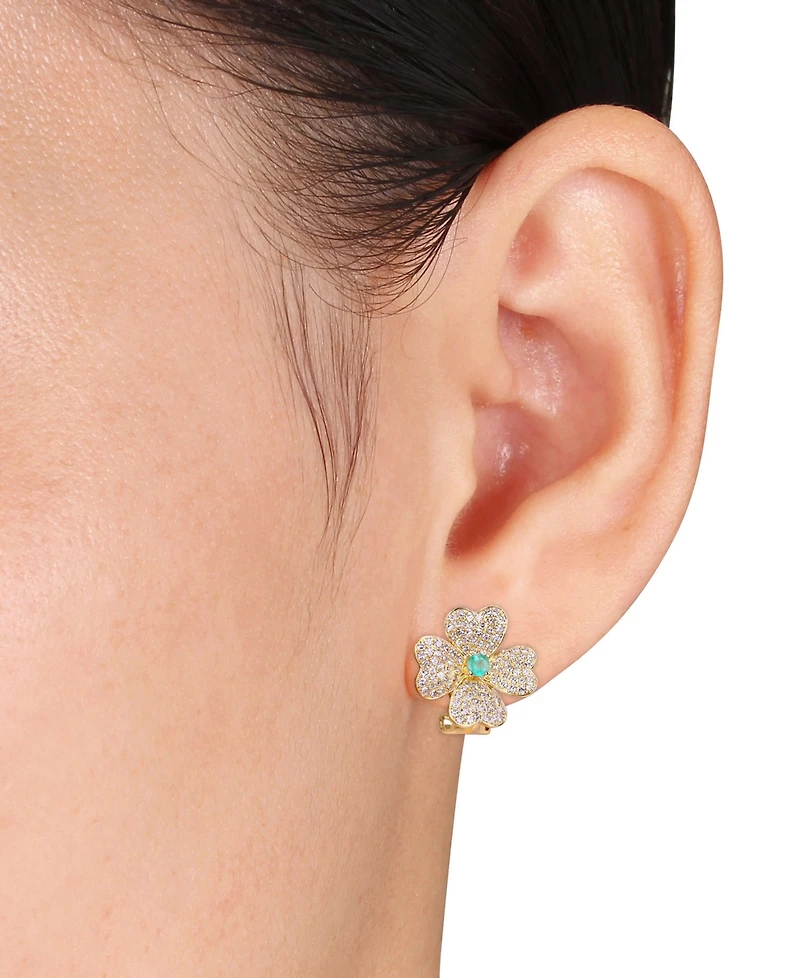 Emerald (1/5 ct. t.w.) & Diamond (1 ct. t.w.) Heart Clover Omega Back Earrings in 18k Gold