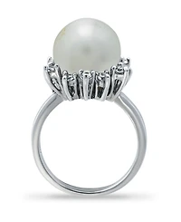Imitation Pearl and Cubic Zirconia Halo Ring in Silver Plate