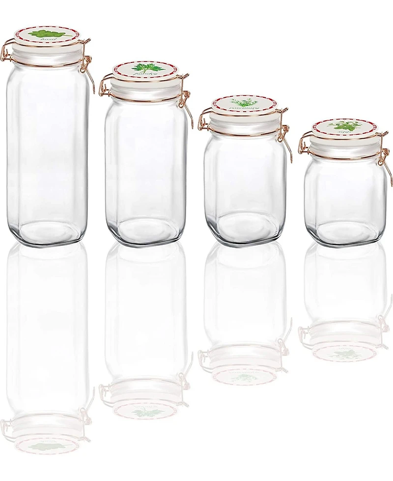 Circle Glass Canister with Herb Decal Ceramic Lid, Set of 4