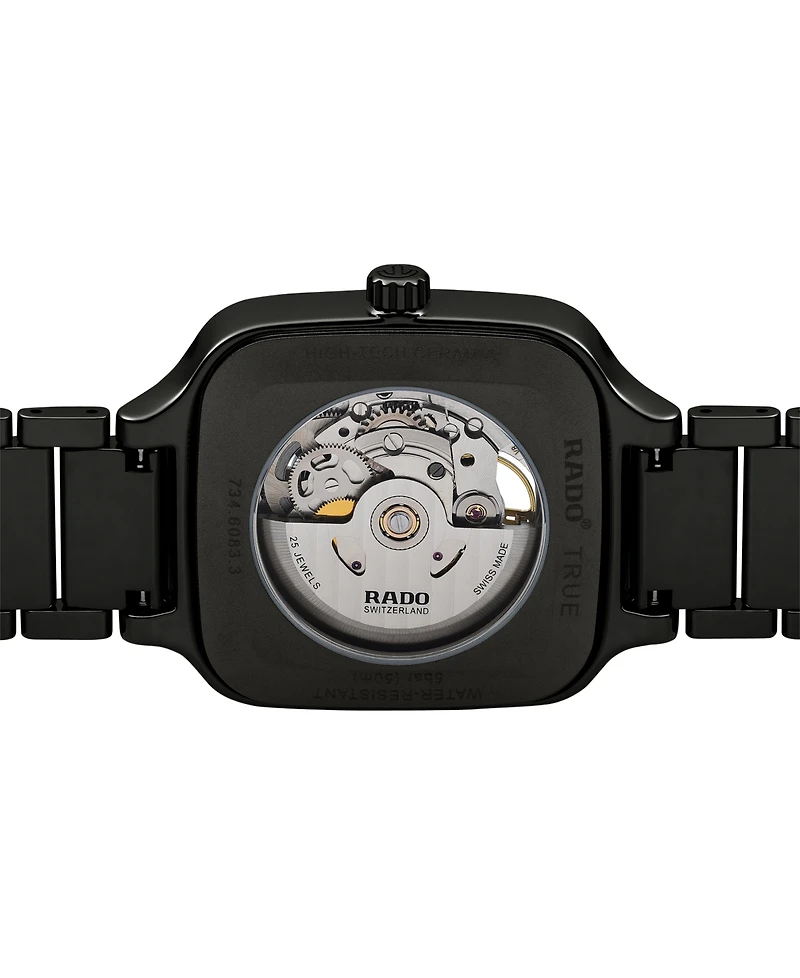 Rado Unisex Swiss Automatic True Square Open Heart Black Ceramic Bracelet Watch 38x38mm
