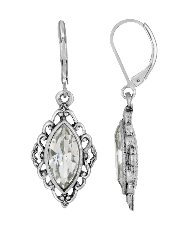 2028 Silver-Tone Crystal Diamond Drop Lever back Earrings