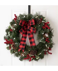 Glitzhome Led Pre-Lit Greenery Buffalo Bow Berry Holly Pine Cone Rattan Ornament Wreath