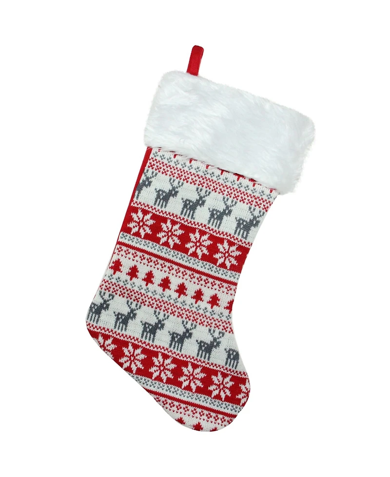 Northlight Tree Deer and Snowflake Knit Christmas Stocking with Faux Fur Cuff