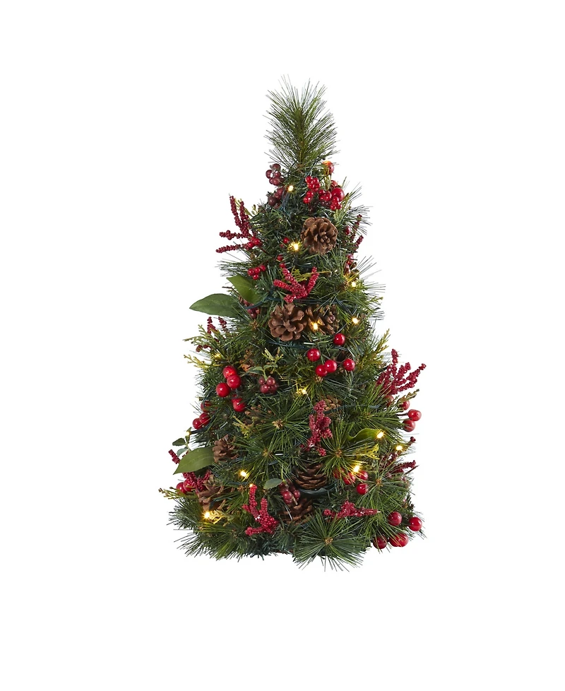 Nearly Natural Mixed Berry and Pine Cone Artificial Christmas Tree with 35 Clear Led Lights
