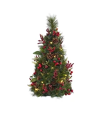 Nearly Natural Mixed Berry and Pine Cone Artificial Christmas Tree with 35 Clear Led Lights