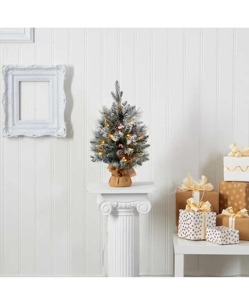 Nearly Natural Flocked Artificial Christmas Tree with 30 Clear Lights, 73 Bendable Branches, Pine Cones and Berries