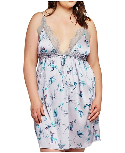 iCollection Women's Lace and Satin Hummingbird Print Chemise Lingerie