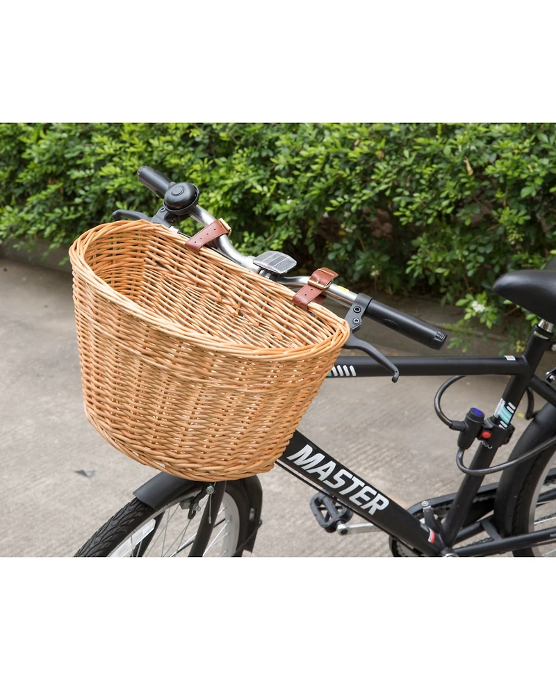 Vintiquewise Wicker Front Bike Basket with Faux Leather Straps