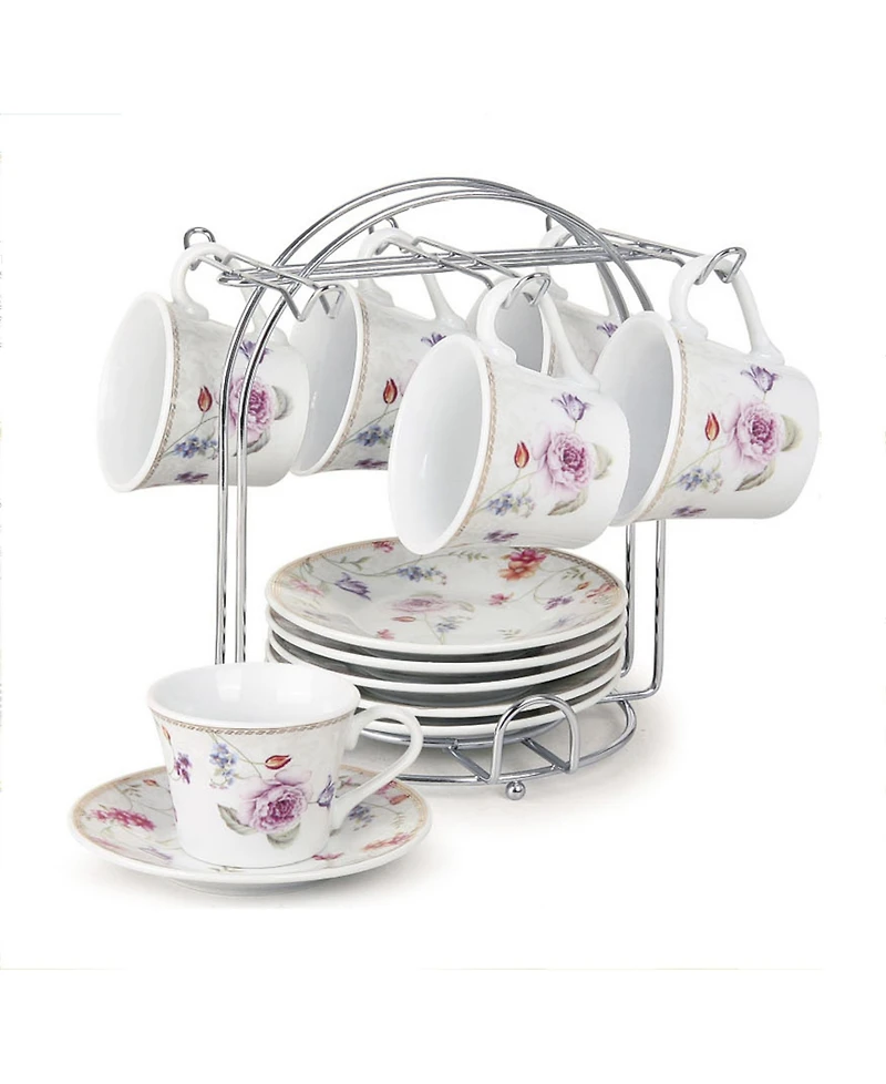 Lorren Home Trends Floral Design 12 Piece 2oz Espresso Cup and Saucer Set, Service for 6