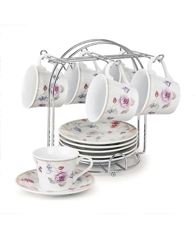 Lorren Home Trends Floral Design 12 Piece 2oz Espresso Cup and Saucer Set, Service for 6
