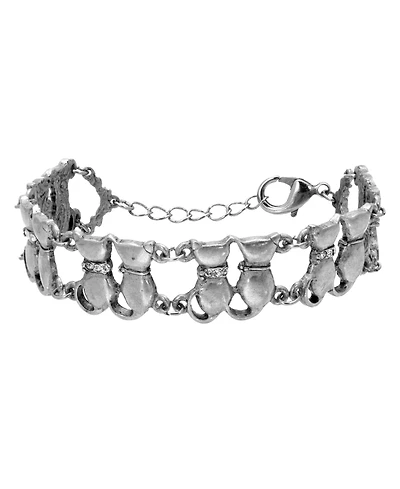 2028 Women's Silver Tone Crystal Multi Double Cat Chain Bracelet
