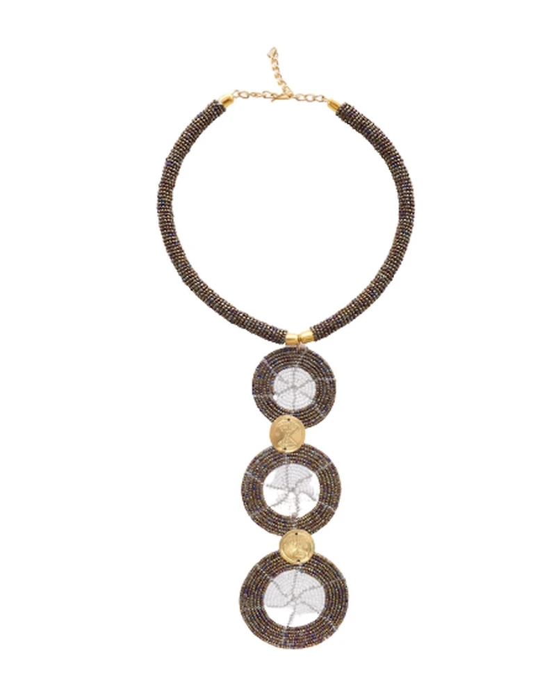 Mukiri Handcrafted African Beaded Necklace for Women – Kenyan Jewelry with Brass Shilling Accents, 3-Disc Tribal Design