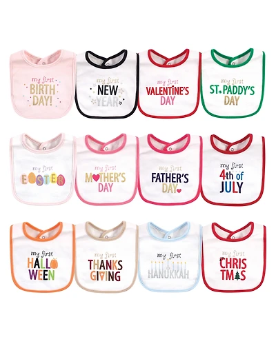 Hudson Baby Infant Girl Cotton Bibs 12pk, Holiday Bold Girl, One Size