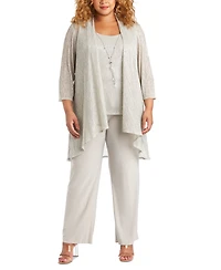 R & M Richards Plus 3-Pc. Metallic Jacket, Necklace Top Pants Set