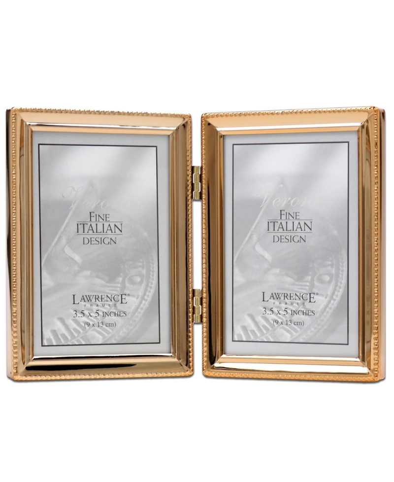 Polished Metal Hinged Double Picture Frame - Bead Border Design, 3.5" x 5"