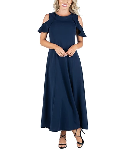 24seven Comfort Apparel Ruffle Cold Shoulder A Line Maxi Dress